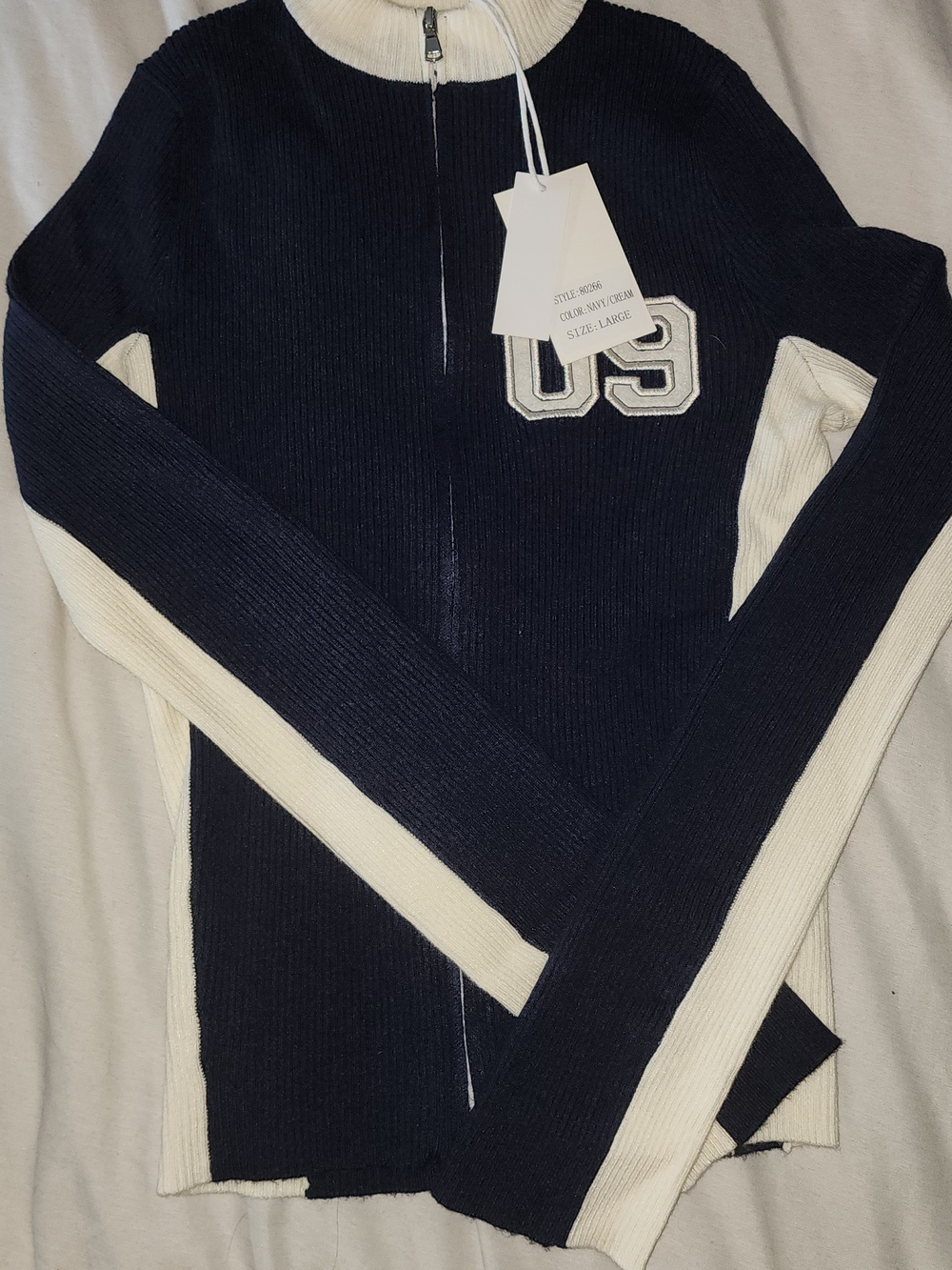 OOTDFash Navy and Cream Zip-Up Ribbed Sweater with '03' Patch